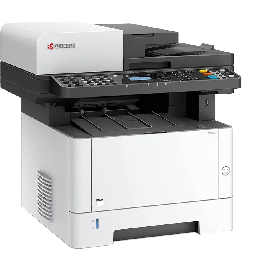 A professional shot of the Kyocera ECOSYS M2540dw, an all in one office printer and a best printer for small business. The image showcases its multi-function design, with an automatic document feeder and control panel.